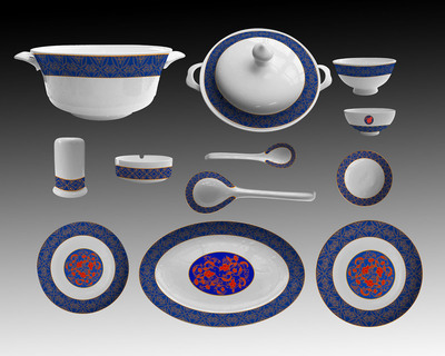 瓷畫慈《蓮韻吉祥》56頭寶藍(lán)描金餐具25000元/套!