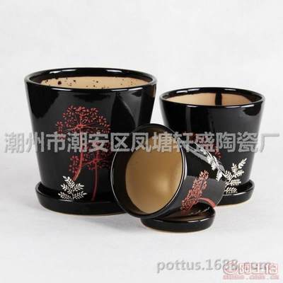 【廠家直銷室內桌面臺上陽臺辦公桌套三陶瓷花盆-001印花黑】潮州市潮安區鳳塘軒盛陶瓷廠 - 產品庫